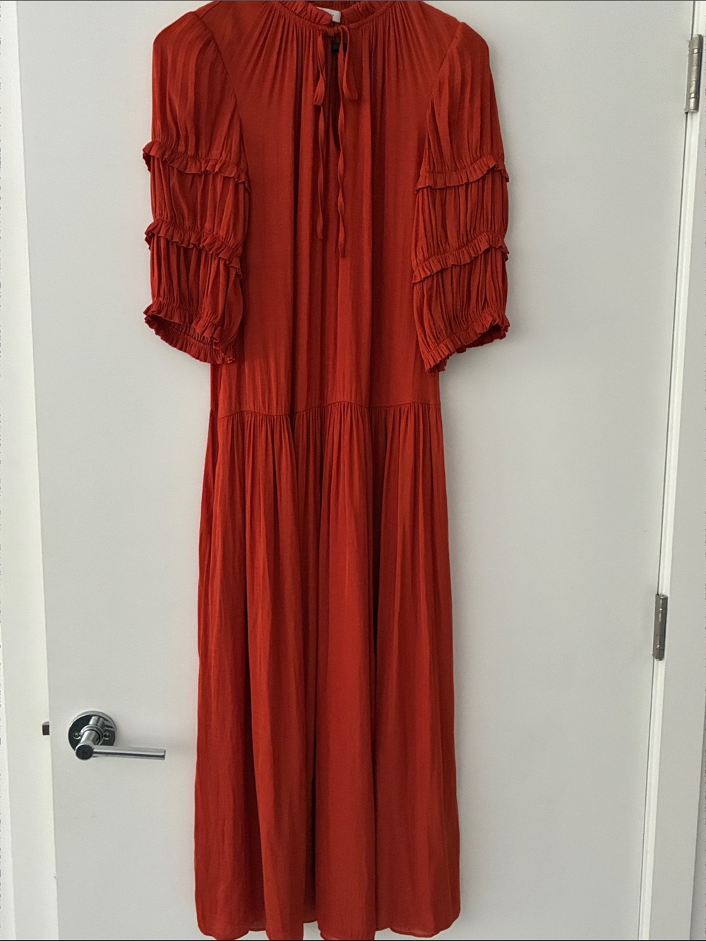 Rebecca Taylor Rust Red Midi Dress with Ruffled Sleeves, 2 pockets, Size S - Picture 1 of 6